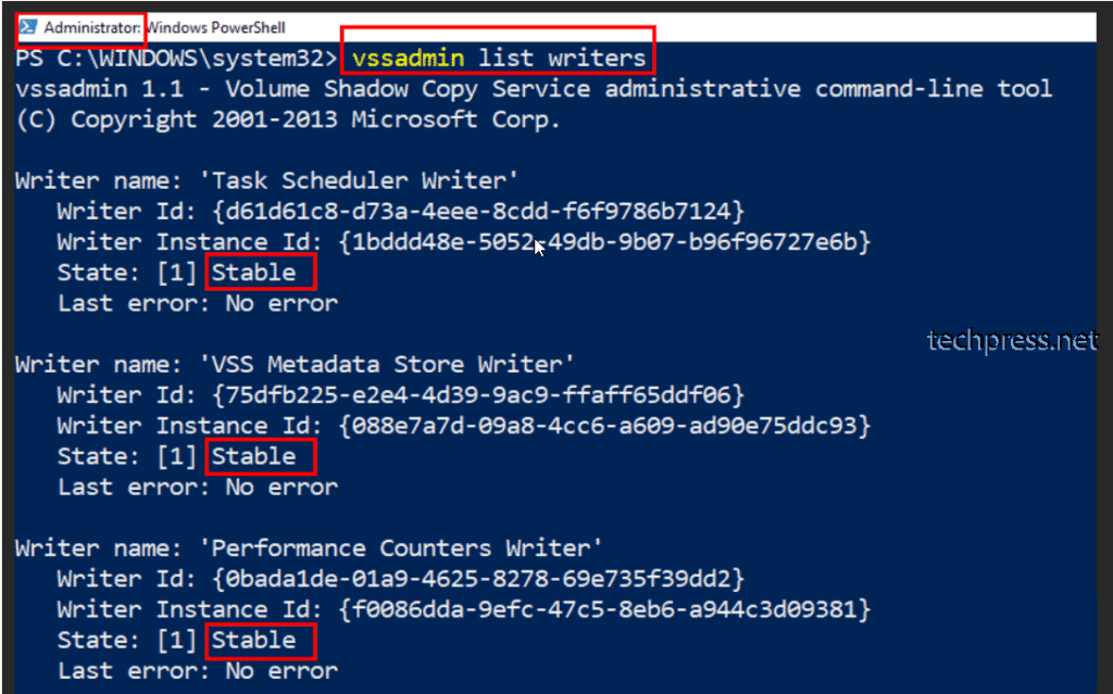 Vssadmin list writers