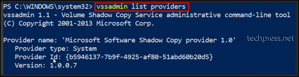 vssadmin list providers