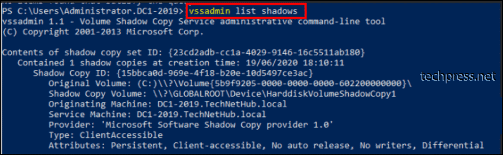 vssadmin list shadows