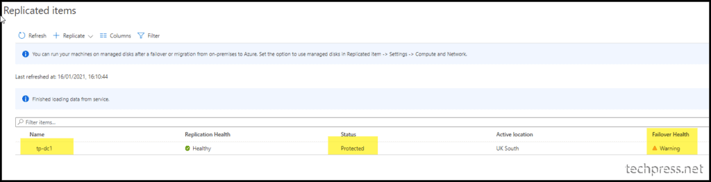 Configure Azure Site Recovery - Replicated Items