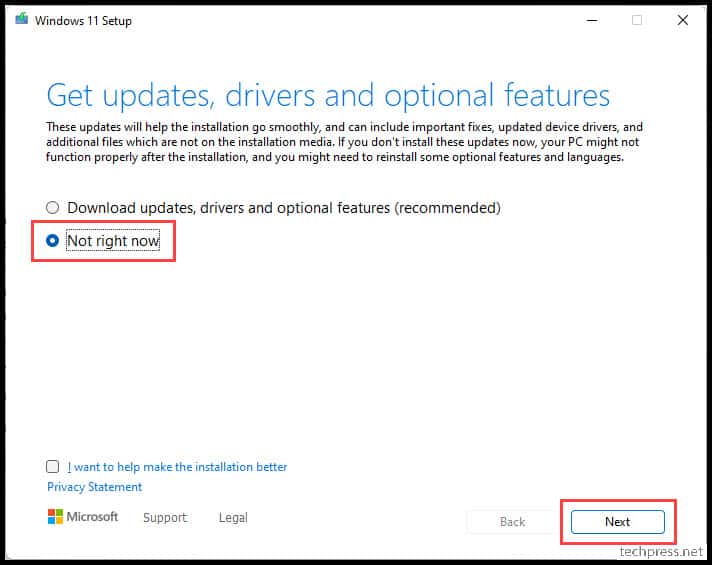 Windows 11 setup - Select Not right now on the Get Updates, drivers and option features window