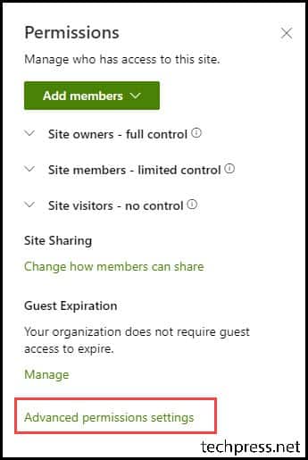 Sharepoint online teams site advanced permissions settings