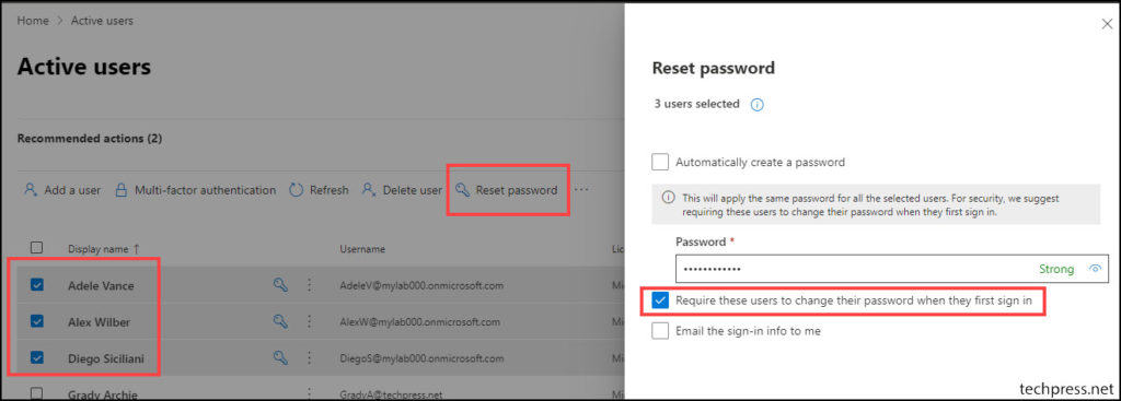 Microsoft 365 admin center reset password of all users.