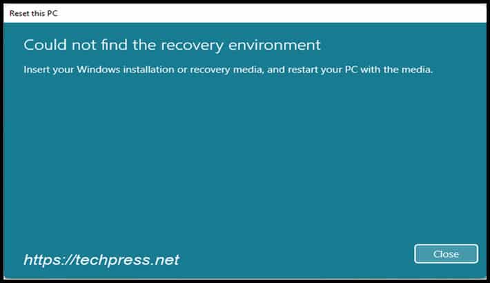 Could not find the recovery environment