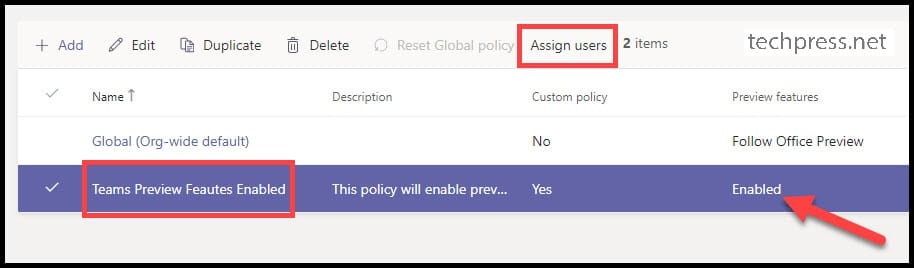 Teams Update Policy creation assign users