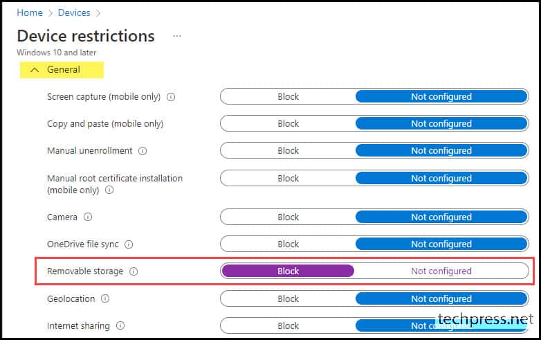 Device Configuration Profiles USB Drive Block Policy Intune