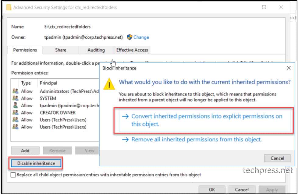 NTFS permissions Citrix folder redirection