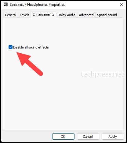 Speaker Headphone Properties "Disable all sound effects"