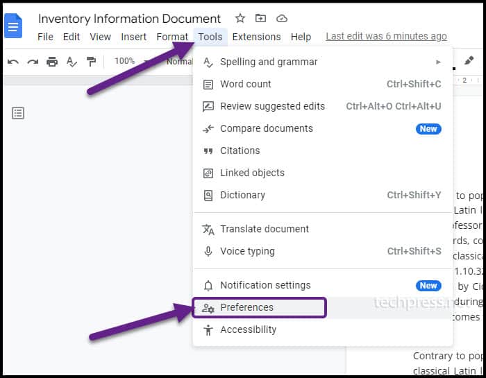 Tools -> Preferences setting in Google docs