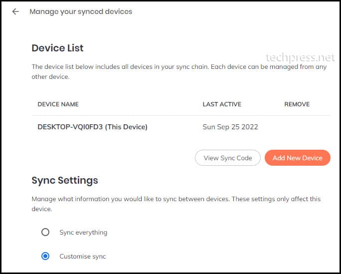 Brave Browser - Synced Device List from Sync settings page.