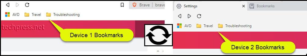Brave browser - Bookmarks synced between Device 1 and Device 2