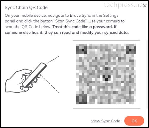 Brave Browser - QR Code to add mobile device in Sync chain