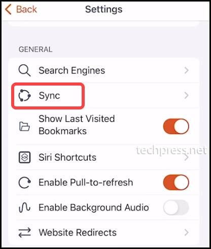 Brave Browser on Apple iPhone - Sync settings option 