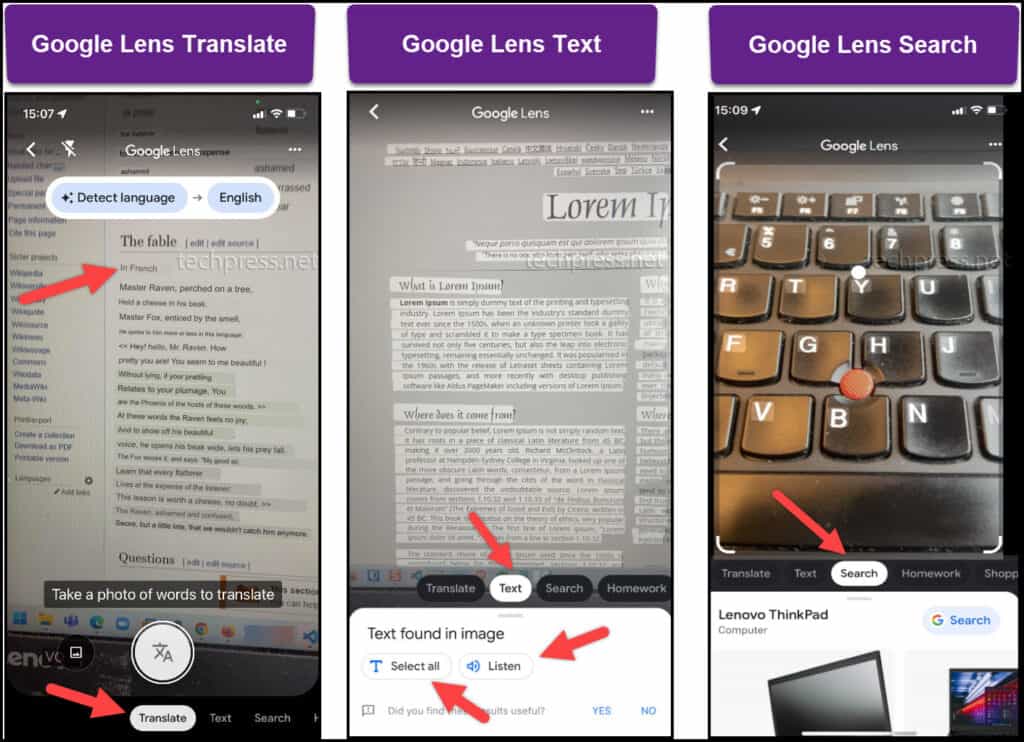 Google Translate, Google Text and Google Search Example screenshots