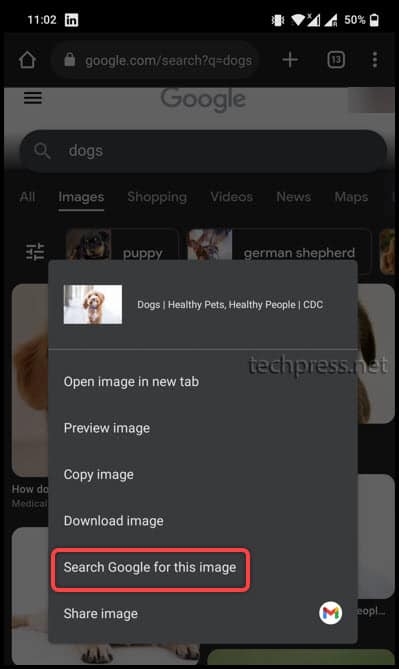 Search Google for this Image option in Chrome on Android phone