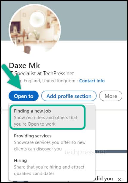 LinkedIn Finding a new job option