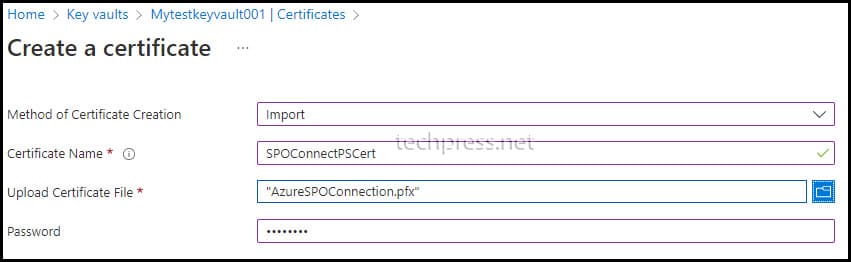 Import self signed certificate in Azure KeyVault