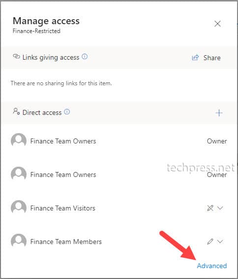 Sharepoint Online Manage access of Folder advanced settings
