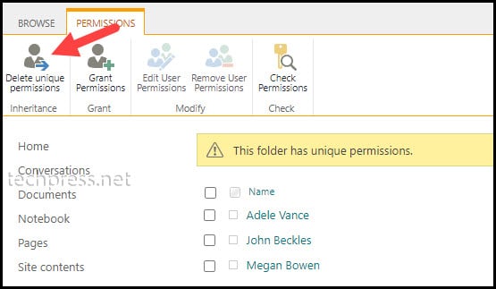 delete unique permissions on Sharepoint folder