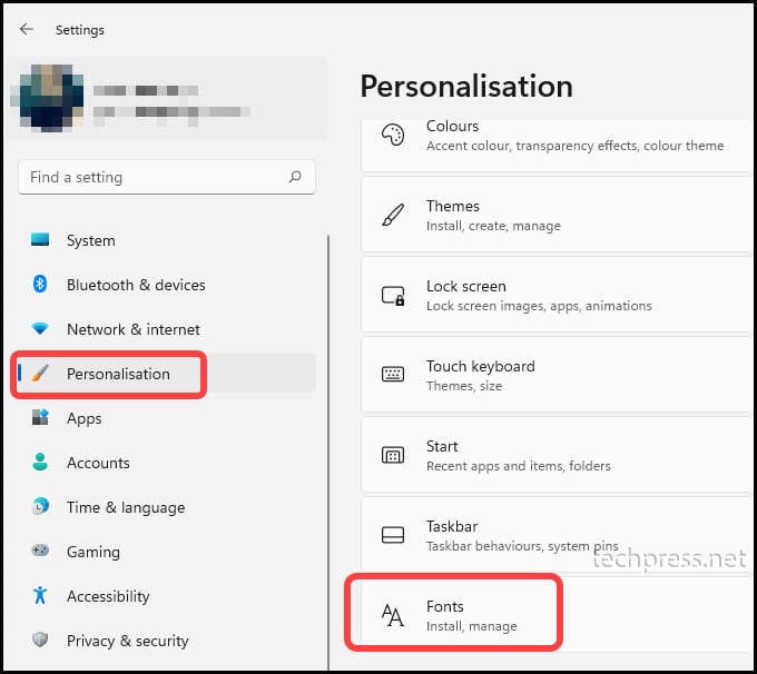 Font management in Windows 11 from Settings app.