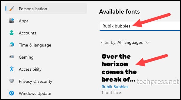 Search for Fonts in Settings app of Windows 11