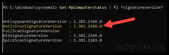 How to check Defender Antivirus signature version using Powershell