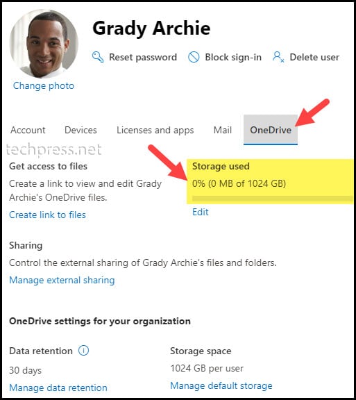 OneDrive Space Usage using Microsoft 365 admin center