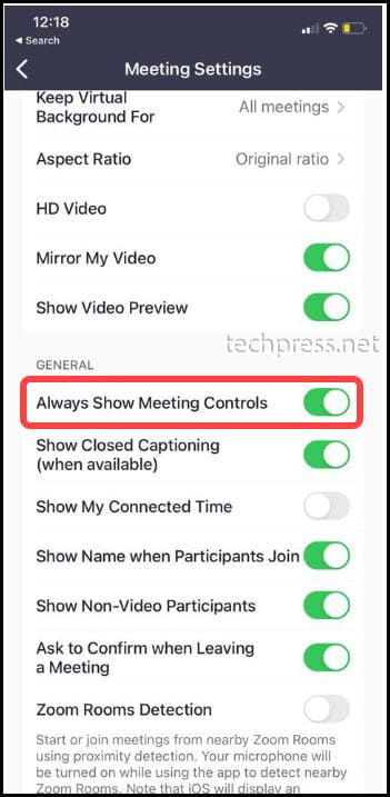 Always show meeting controls option in Zoom App on a mobile phone