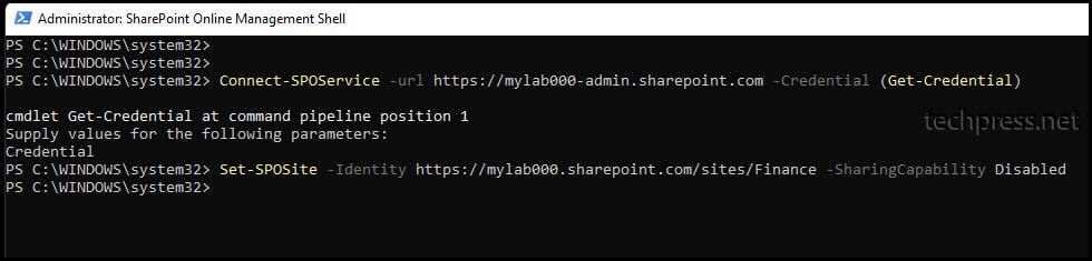 Disable External Sharing at site level using Set-SPOSite