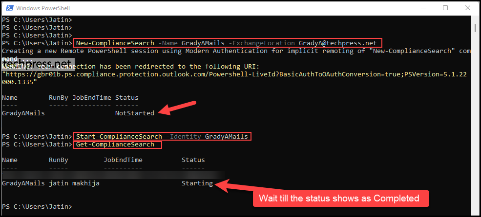 Create a New Compliance Search using powershell