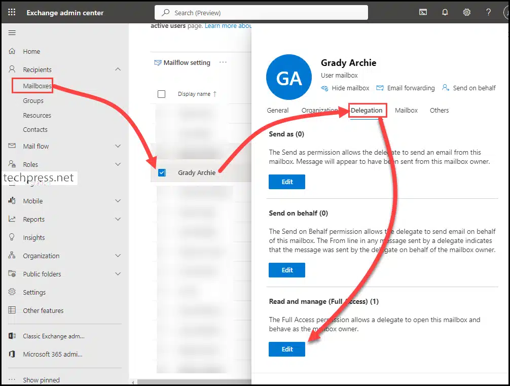 Provide Full mailbox permission to a user from Exchange admin center