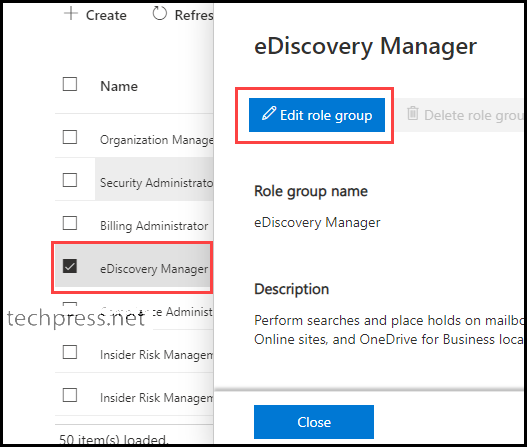 Microsoft 365 Defender Portal eDiscovery Manager Edit Role Group