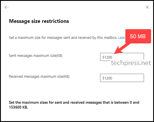 Manage message size restriction per mailbox