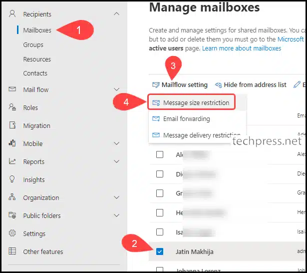 Message size restriction option in Exchange Admin Center for a user mailbox