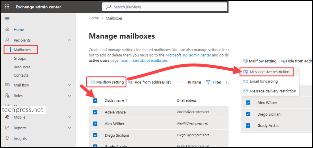 Update Sent and Received Emails Max Size limit for all users