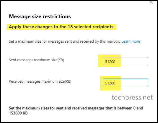 Update Sent and Received Emails Max Size limit for all users