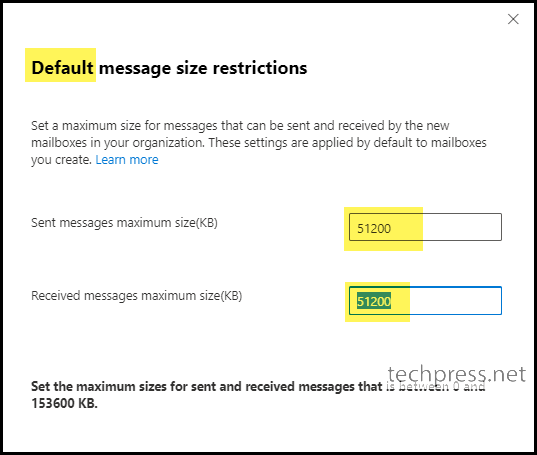 update default sent and received message maximum size restrictions