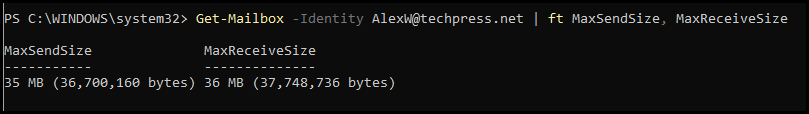 Check Max sent and receive email size limit using powershell