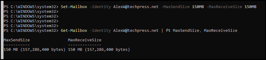 Set / Update Max sent and receive email size limit using powershell